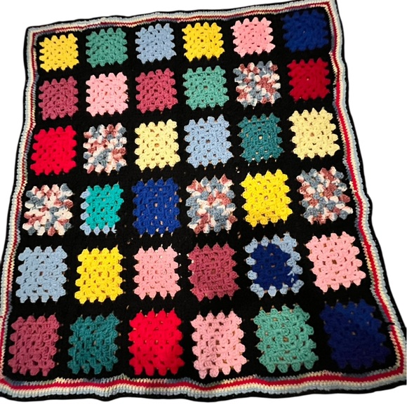 vintage Other - Vintage granny square black trimmed multi colored blanket